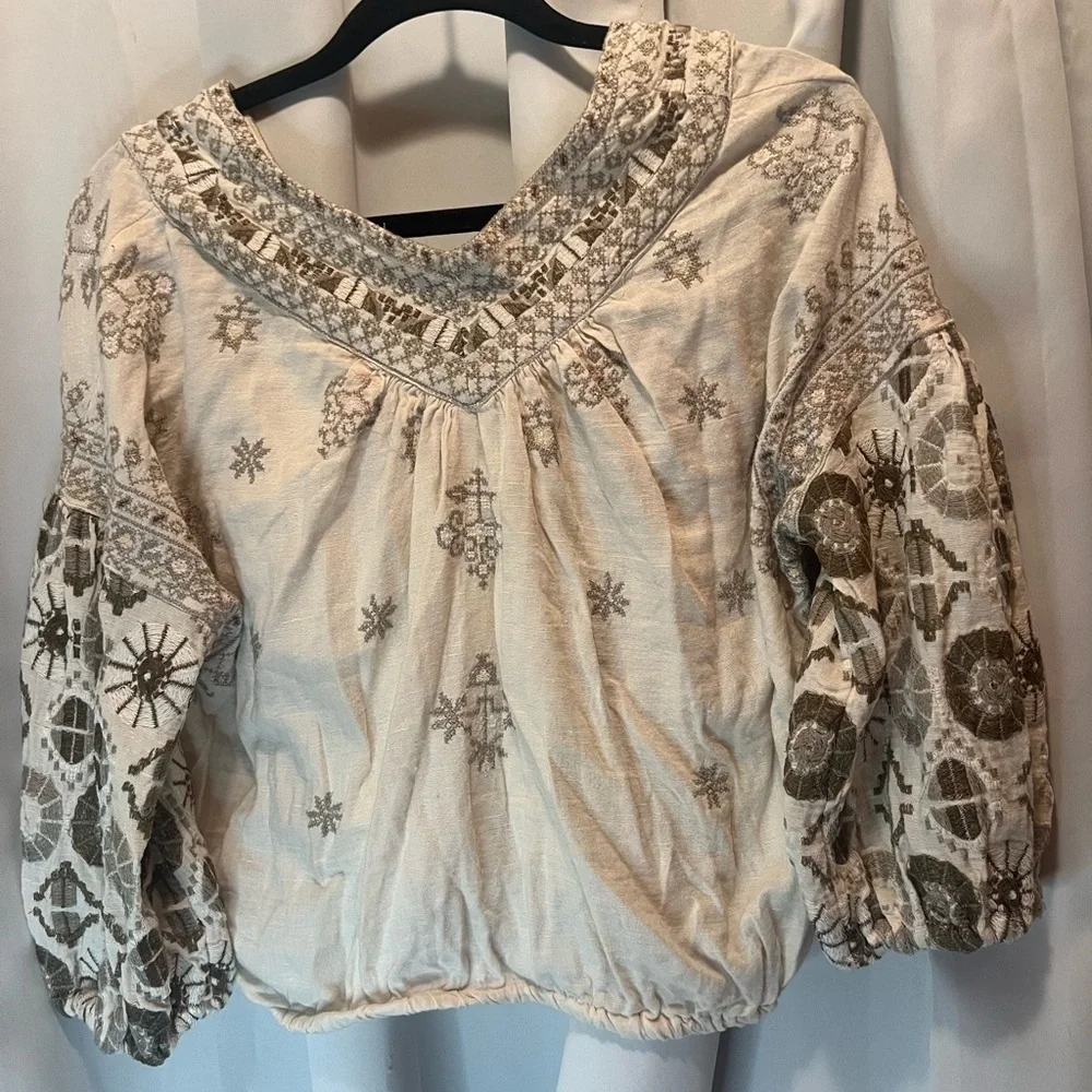 Free People Cream Embroidered 3/4 Sleeve Blouse - Picture 5 of 9